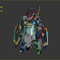 Detailed Futuristic Mechanical Armored Character With Blue Orange Lights And Shields