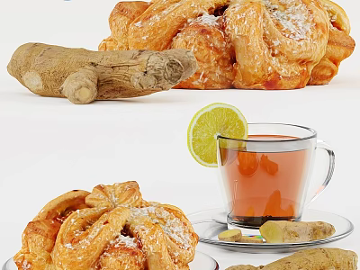 Delicious Flaky Pastries Fresh Ginger And Warm Tea With Lemon Slice 3d model