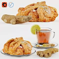 Delicious Flaky Pastries Fresh Ginger And Warm Tea With Lemon Slice
