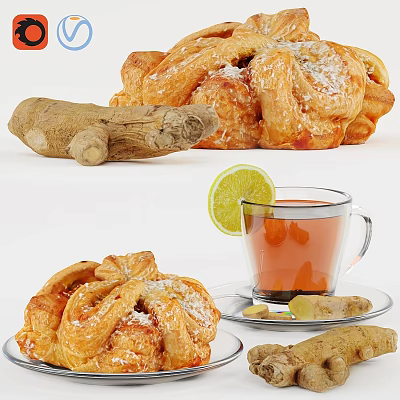 Delicious Flaky Pastries Fresh Ginger And Warm Tea With Lemon Slice 3d model