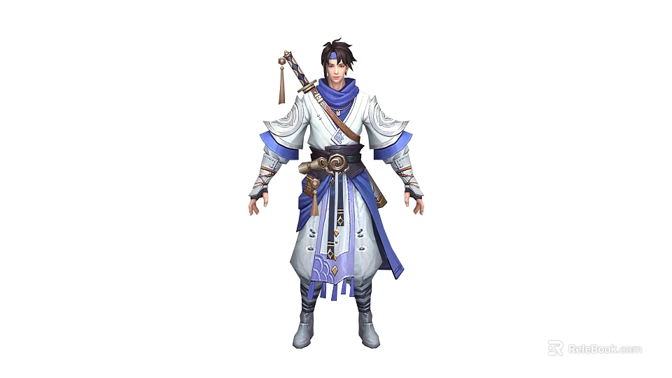 Wuxia Themed Game Movie Character In Blue White Ancient Robe With Sword And Belt 3d model 