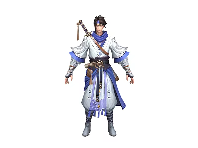 Wuxia Themed Game Movie Character In Blue White Ancient Robe With Sword And Belt 3d model