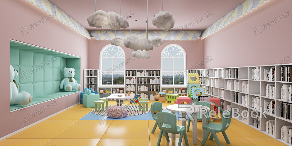 Modern Kindergarten Kindergarten Reading Room Entertainment Room Bookcase Children's Table and Chair Blackboard Wall Children's Reading Room Book Bar model