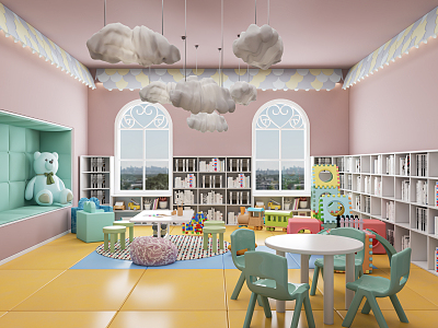 Modern Kindergarten Reading Room Entertainment Room Bookcase Children's Table and Chair Blackboard Wall Children's Reading Room Book Bar model