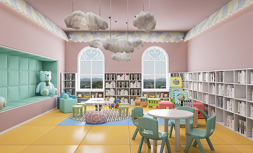 Modern Kindergarten Reading Room Entertainment Room Bookcase Children's Table and Chair Blackboard Wall Children's Reading Room Book Bar 3d model