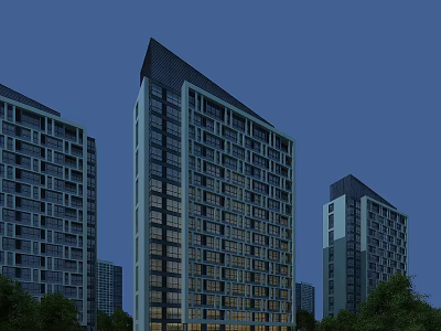 Modern High Rise Residential Building With Glass Windows And Night Lighting Surrounded By Trees 3d model