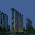 Modern High Rise Residential Building With Glass Windows And Night Lighting Surrounded By Trees