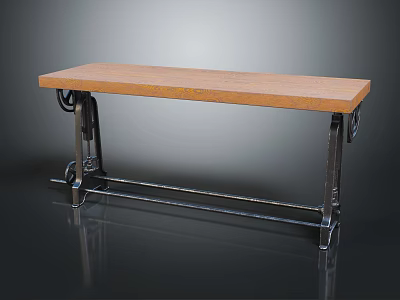 Industrial Style Distressed Wooden Top Bench With Metal Frame And Wheels 3d model