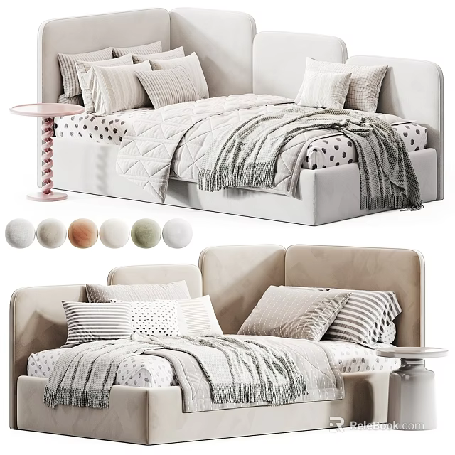Modern Kids Bed With Upholstered Headboard Pastel Colors Striped Pillows And Soft Blanket 3d model 