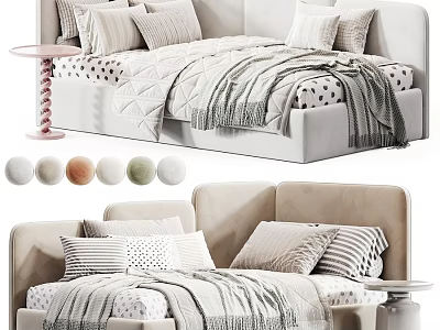 Modern Kids Bed With Upholstered Headboard Pastel Colors Striped Pillows And Soft Blanket 3d model