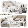Modern Kids Bed With Upholstered Headboard Pastel Colors Striped Pillows And Soft Blanket