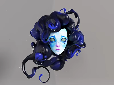 Game Movie Character With Blue Curly Hair Purple Accents And Sparkling Face Details 3d model