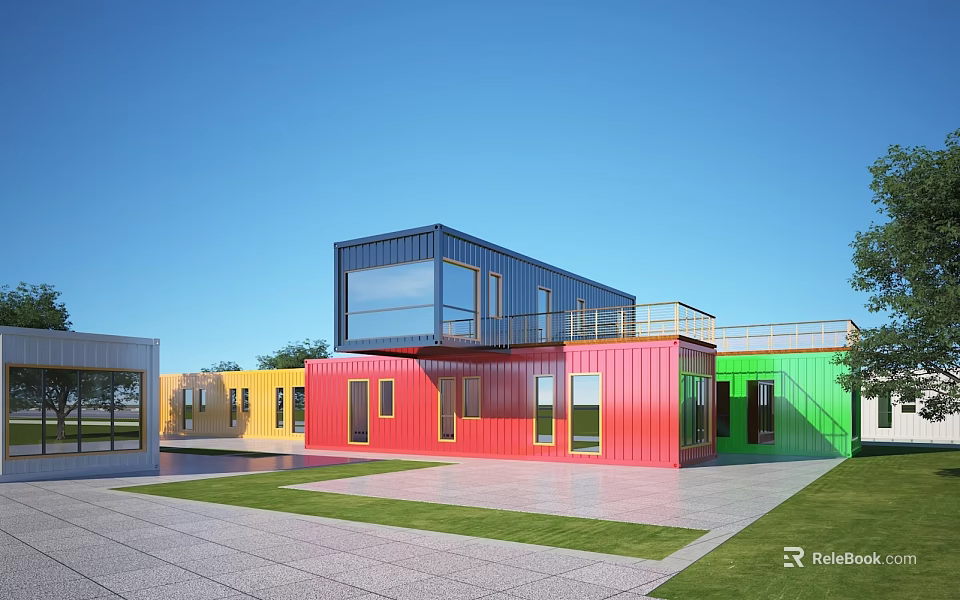 Modern Multicolored Container Detached Villa With Large Glass Windows Open Layout And Lawn Area 3d model 