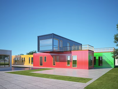 Modern Multicolored Container Detached Villa With Large Glass Windows Open Layout And Lawn Area 3d model