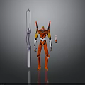 Red and White Robot Character Standing With Purple Sword And Weapon Accessory