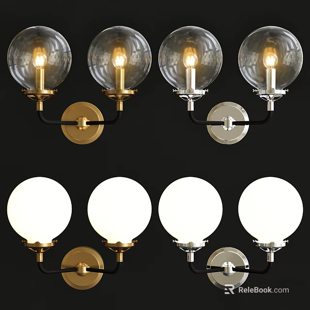 Modern Glass Globe And White Sphere Wall Sconces With Brass Silver Bases Lighted 3d model 