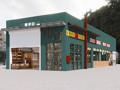 Traditional Green Facade Restaurant Exterior With Glass Windows Roll up Door And Wooden Signboards 3d model