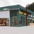 Traditional Green Facade Restaurant Exterior With Glass Windows Roll up Door And Wooden Signboards