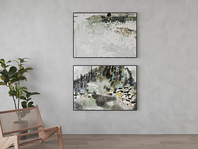 Abstract Paintings On Gray Wall With Green Plant And Wooden Chair Decor 3d model