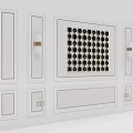 White Paneled Background Wall With Symmetrical Design And Central Black Circular Decorations 3d model