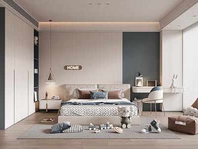 Modern Kids Bedroom Interior With Bed Toys Desk And Chair 3d model
