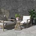 Rattan Chair And Table Set With Wooden Frame White Cushions Green Plants Against Gray Wall