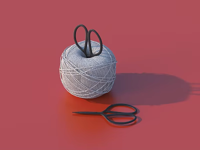 Household White Thread Spool With Scissors On Red Background For Daily Use 3d model