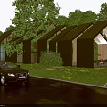 Wooden House In Dark Night With Black Roof Trees Lawn Lights And Parked Car