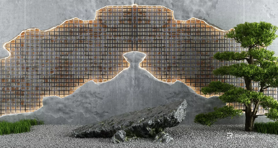 Gray Concrete Background Wall With Grid Design Light Strips Rock Pine Tree On Gravel Ground 3d model 
