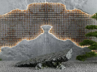 Gray Concrete Background Wall With Grid Design Light Strips Rock Pine Tree On Gravel Ground 3d model