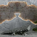 Gray Concrete Background Wall With Grid Design Light Strips Rock Pine Tree On Gravel Ground