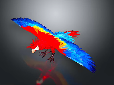 Low Poly Red Blue Yellow Parrot Flying With Spread Wings And Extended Claws 3d model