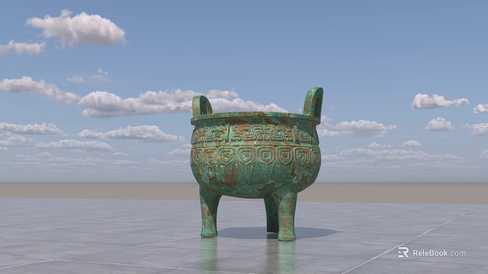 Ancient Chinese Bronze Ding With Three Legs Two Handles And Intricate Carvings Against Blue Sky 3d model 