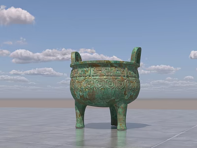 Ancient Chinese Bronze Ding With Three Legs Two Handles And Intricate Carvings Against Blue Sky 3d model