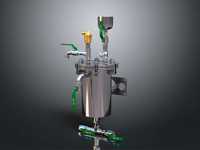 Stainless Steel Industrial Pressure Vessel With Green Yellow Valves Pipes And Fittings 3d model