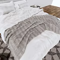 Double Bed With White Sheets Gray Blanket Bedside Tables On Diamond Rug Wooden Floor