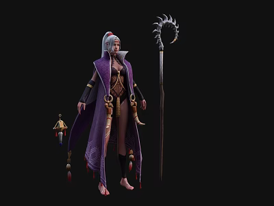 Game Movie Character With White Hair Purple Robe And Spiked Staff Ornate Details 3d model