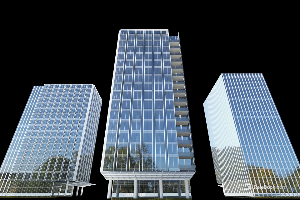 Three Modern Office Buildings With Glass Curtain Walls And Contemporary Design 3d model 
