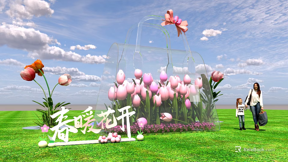 Transparent Bag Shaped Installation Filled With Pink Tulips On Green Grass For Spring Blossom Theme 3d model 
