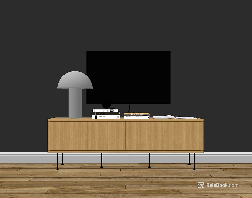Modern Light Wood TV Stand With Black Legs TV Lamp And Books 3d model 