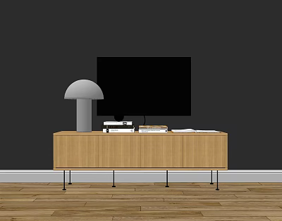 Modern Light Wood TV Stand With Black Legs TV Lamp And Books 3d model