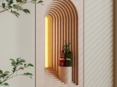 Wall Lamp With Soft Lighting In Modern Interior With Curved Archway And Decorative Plants 3d model