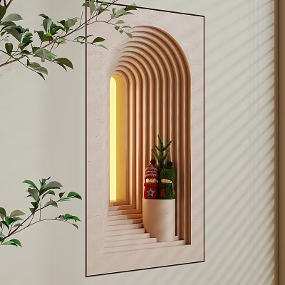 Wall Lamp With Soft Lighting In Modern Interior With Curved Archway And Decorative Plants 3d model