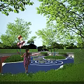 Park Landscape With Girl Holding Balloons Green Trees Lawn And Blue Play Area