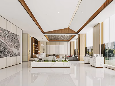 Modern Sales Office Interior With Spacious Design Marble Elements And Floor To Ceiling Windows 3d model
