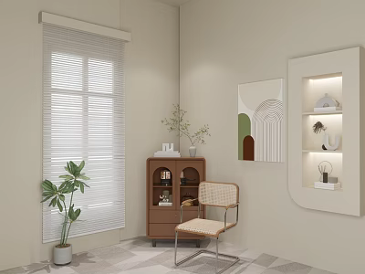 Cozy Interior Space With Beige Walls Blinds Plant Display Cabinet And Chair 3d model