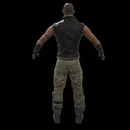 Action Game Movie Character In Black Leather Vest Red Shirt Khaki Pants With Knee Pads