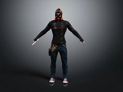 3D Character Costume Featuring Black Coat Red Suspenders Beard White Gloves Jeans Red Sneakers 3d model