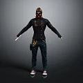 3D Character Costume Featuring Black Coat Red Suspenders Beard White Gloves Jeans Red Sneakers