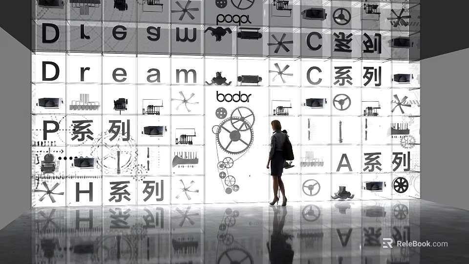 Decorative Background Wall Featuring Symbols Letters Patterns Series Names and Standing Female Figure with Reflection 3d model 